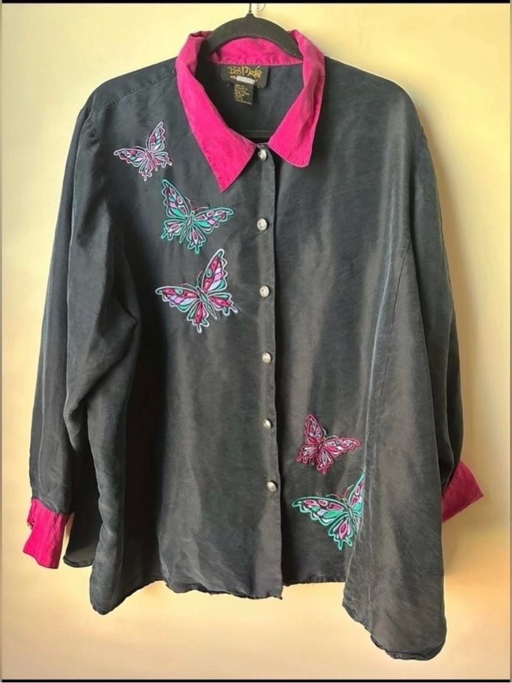 Bob Mackie Wearable Art Silk Shirt Blouse Black Sz 2X Embroidered Butterfly Top